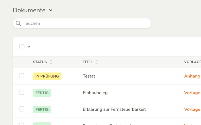 Screenshot aus dem Backend des Portals zeigt eine Liste von Dokumenten