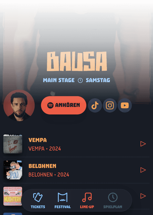 Liste von Top Tracks eines Künstlers ermöglicht das Reinhören.