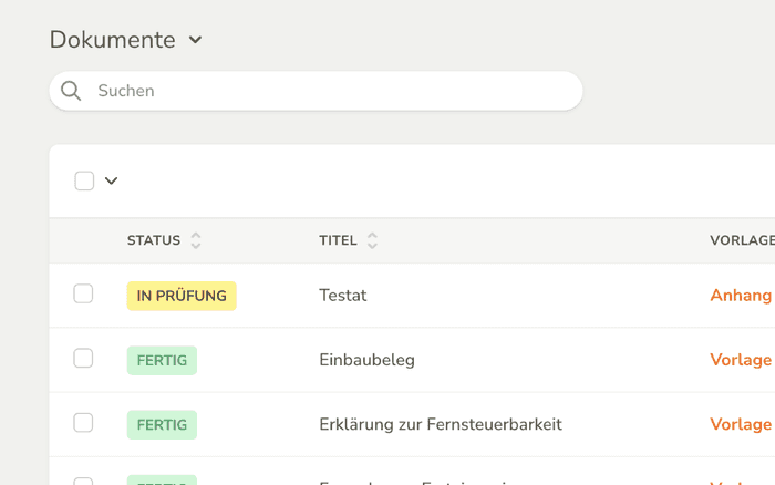 Screenshot aus dem Backend des Portals zeigt eine Liste von Dokumenten