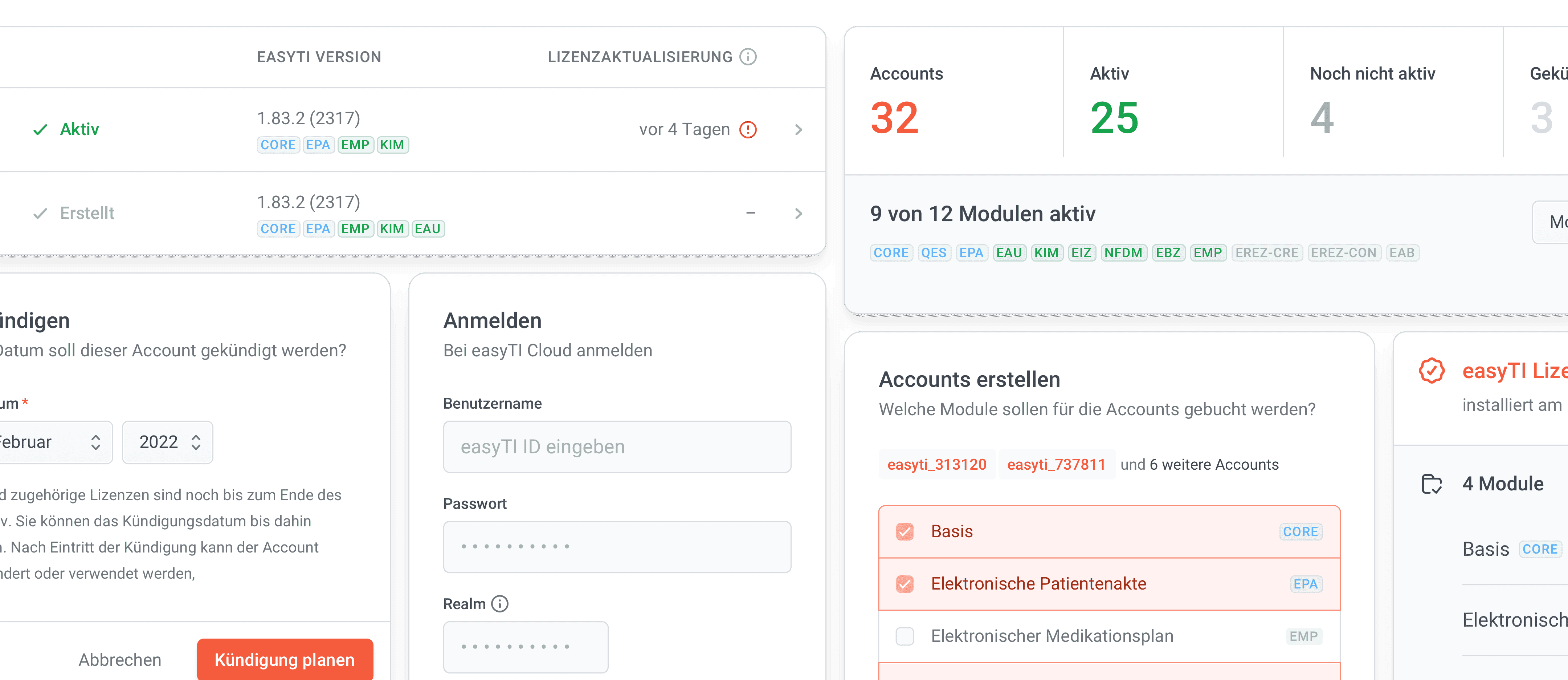 Auszüge aus dem Interface des easyTI Partner Portals