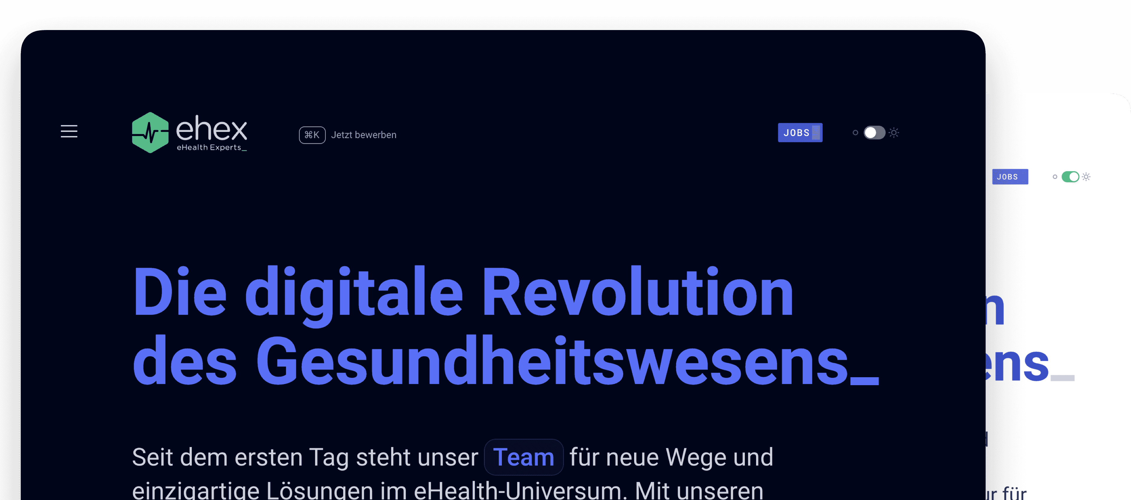 Screenshot der ehex Website im Dark- und Lightmode